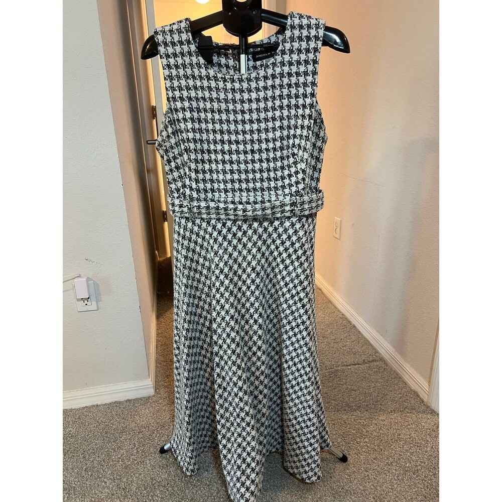 Andrew Marc Women’s Black & White Houndstooth Midi Front Tie Dress Size 16 - Picture 2 of 12